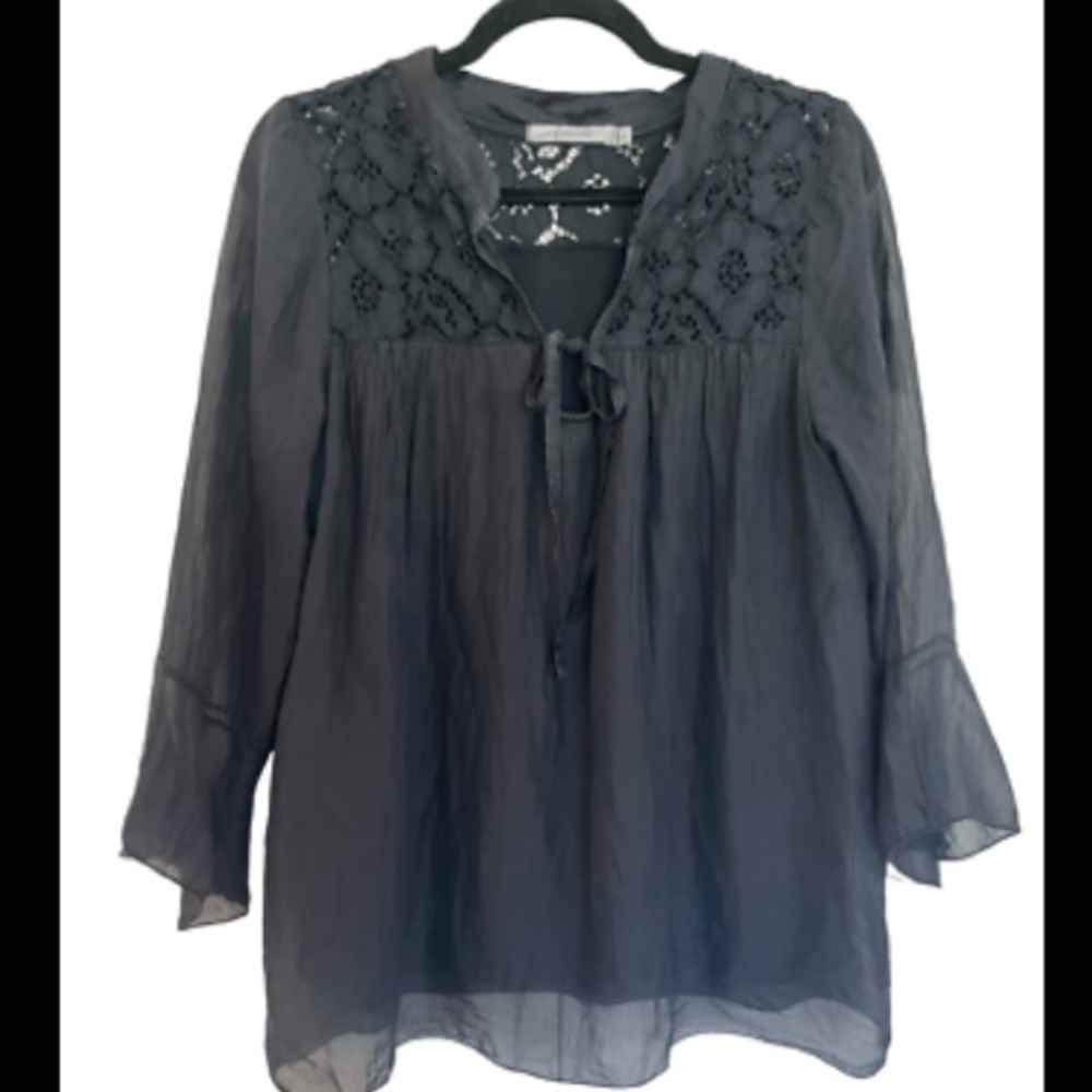 NICOLE Women Navy Blue Bell Sleeves 100% Silk Boho Blouse | M